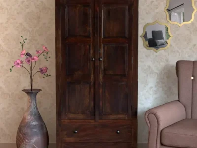 Classic solid wooden wardrobe with mirror, drawers, and polished teak finish