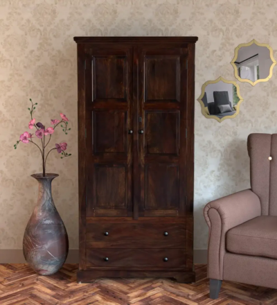 Classic solid wooden wardrobe with mirror, drawers, and polished teak finish