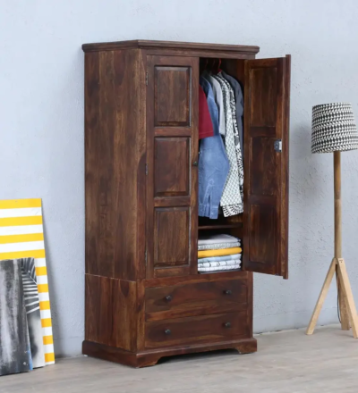 Classic Solid Wooden Wardrobe with Mirror, Drawers, and Polished Teak Finish - Image 6