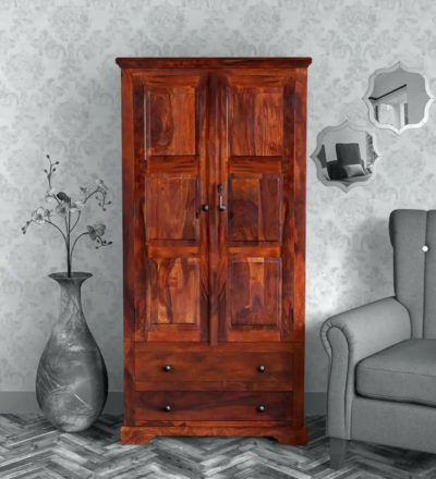 Classic Solid Wooden Wardrobe with Mirror, Drawers, and Polished Teak Finish - Image 3