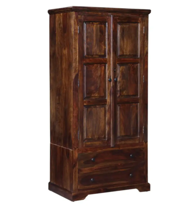 Classic Solid Wooden Wardrobe with Mirror, Drawers, and Polished Teak Finish - Image 7