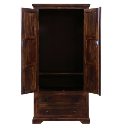 Classic Solid Wooden Wardrobe with Mirror, Drawers, and Polished Teak Finish - Image 8