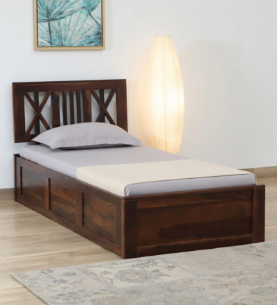 Designer single bed in solid Sheesham wood for modern homes by Sarve Furniture – sleek and durable wooden bed for contemporary bedrooms