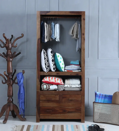 Solid teak wood wardrobe with shelves and lockable storage compartments