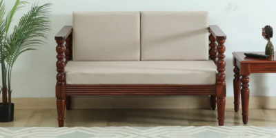 Simple 2 seater wooden sofa with tufted backrest and solid wood frame