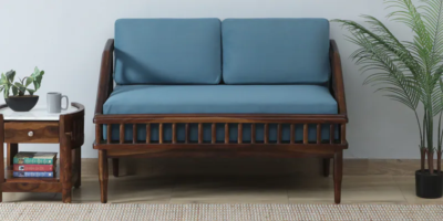 Wooden Sheesham Sofa with Soft Seat Cushions and Glossy Natural Finish