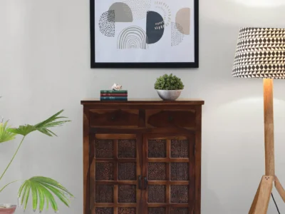 Antique Style Wooden Cabinet with Interior Shelves and Two Storage Compartments