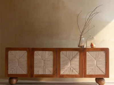 Modern Sheesham wood TV unit with cable grommet and wooden legs by Sarve Furniture