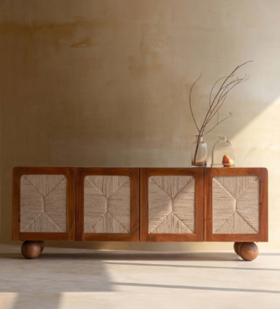 Modern Sheesham wood TV unit with cable grommet and wooden legs by Sarve Furniture