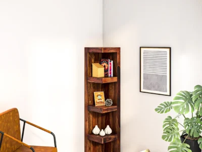 Solid Sheesham wood bookshelf with carved floral motifs and natural polished finish by Sarve Furniture