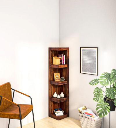 Solid Sheesham wood bookshelf with carved floral motifs and natural polished finish by Sarve Furniture