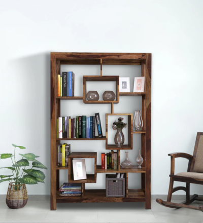 Compact Sheesham bookshelf with bottom storage drawer and open display shelves by Sarve Furniture