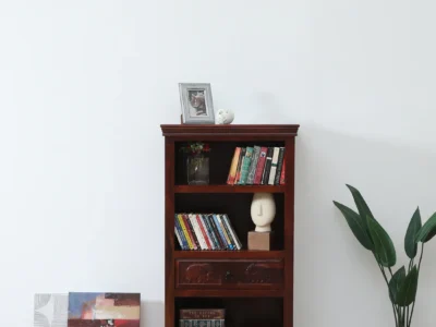Wooden ladder style bookshelf in Sheesham with rustic finish and five open shelves by Sarve Furniture