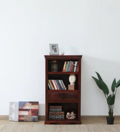 Wooden ladder style bookshelf in Sheesham with rustic finish and five open shelves by Sarve Furniture
