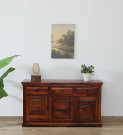 Elegant Wooden Sideboard with Open Display and Storage Drawer Compartments