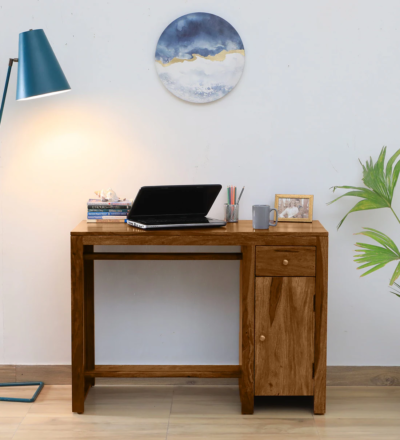 Sleek home study desk with drawer and shelf for daily study routine