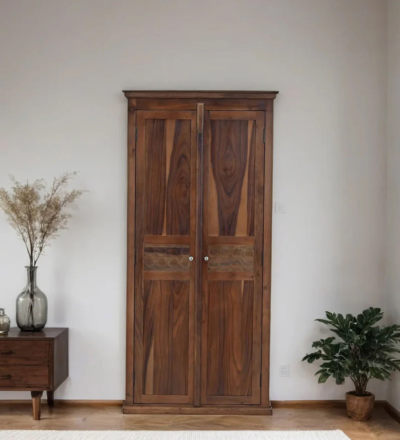 Tall Sheesham wood wardrobe with double doors and storage by Sarve Furniture – vertical wooden almirah with shelves and hanging space
