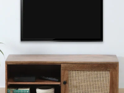 Designer media table in Sheesham wood with low height and storage by Sarve Furniture