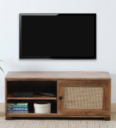 Designer media table in Sheesham wood with low height and storage by Sarve Furniture