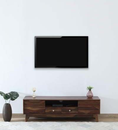 Sheesham wood TV stand with sliding doors and open display shelf for living room by Sarve Furniture – modern solid wood media console