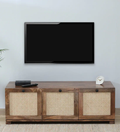 Sheesham wood TV cabinet for home with modern layout and cable management by Sarve Furniture