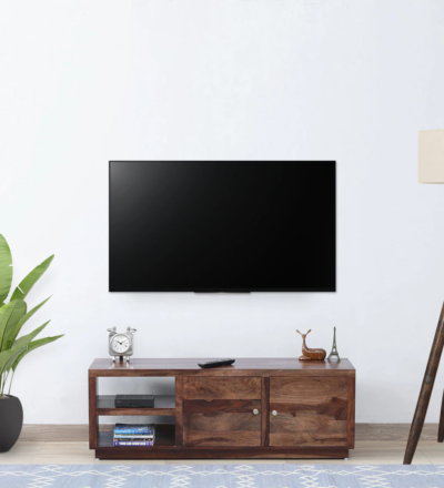 TV Unit with Closed Cabinets and Central Open Shelf for Devices