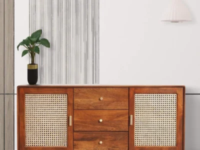 Solid Teak Wooden Sideboard with Wide Storage Drawers and Open Display Shelves