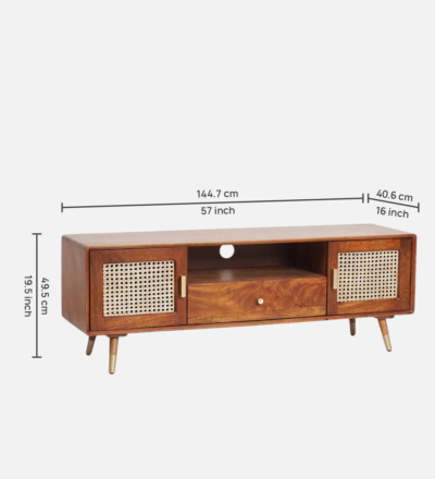 Floor Standing TV Unit in Sheesham with Retro Design and Open Racks - Image 3