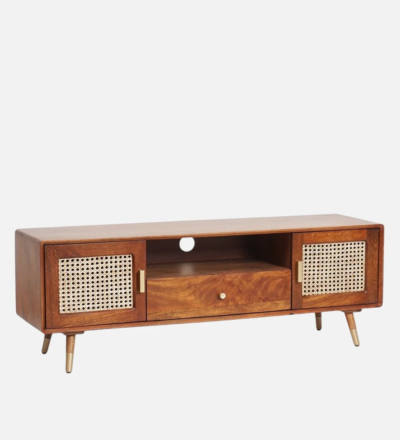 Floor Standing TV Unit in Sheesham with Retro Design and Open Racks - Image 6