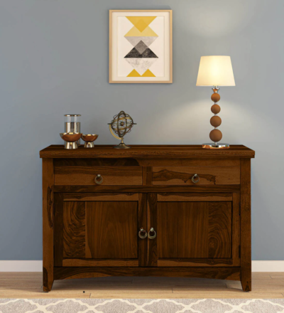 Wooden Sideboard with Grooved Door Design and Polished Sheesham Finish