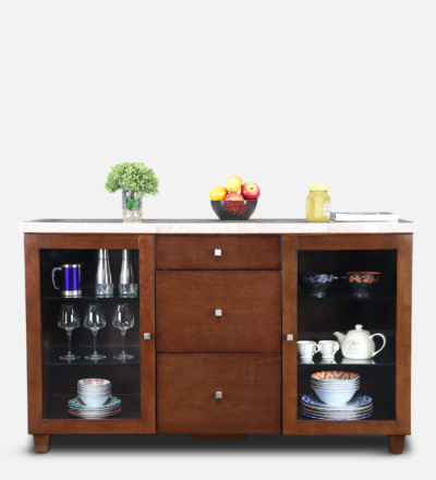 Rustic Wooden Crockery Unit with Carved Details and Ample Storage Space - Image 8