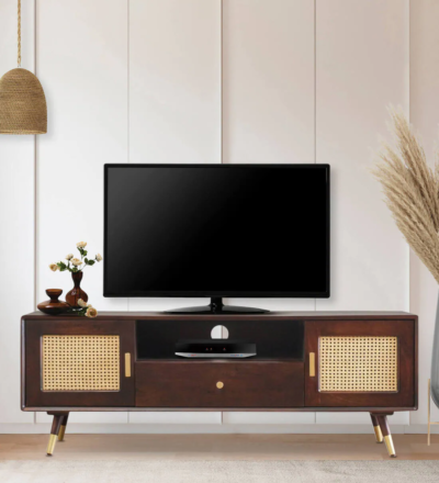 Wooden entertainment console with Sheesham wood finish and ample storage by Sarve Furniture – solid wood TV unit