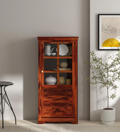 Large Sheesham crockery cabinet with drawers, shelves, and glass doors – Sarve Furniture