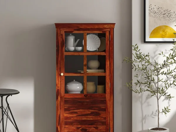 Large Sheesham crockery cabinet with drawers, shelves, and glass doors – Sarve Furniture