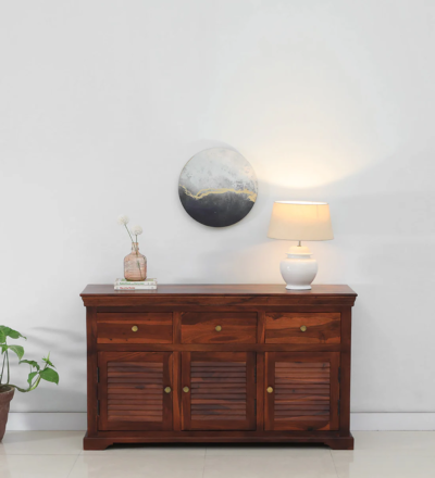 Premium teak finish sideboard with wooden doors and adjustable shelving units