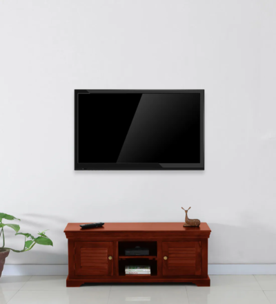 Entertainment media console in solid Sheesham wood with wire ports by Sarve Furniture