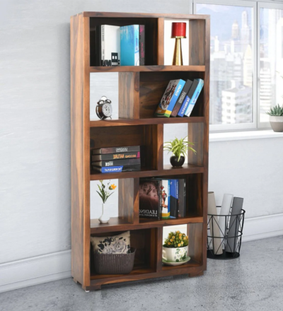 Space-saving Sheesham wood bookshelf with open shelves and bottom storage cabinet by Sarve Furniture