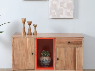 Rustic Teak Sideboard with Carved Panels and Wide Storage Compartments1 Darwer