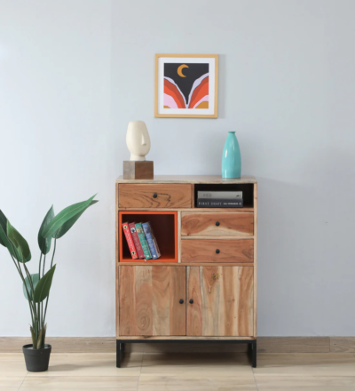 Wooden Sideboard with Doors Display and Storage Drawer Compartments Below
