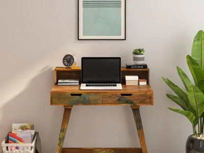 Compact wooden study table for laptop and writing in elegant finish