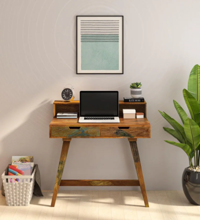 Compact wooden study table for laptop and writing in elegant finish