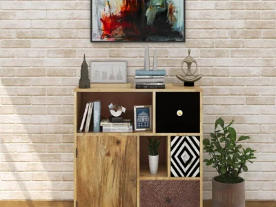 Handcrafted Teak Finish Cabinet with Multi-Level Shelves and Closed Storage