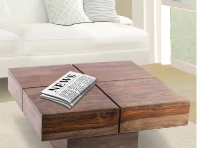 Classic wooden coffee table with carved legs and polished Sheesham finish