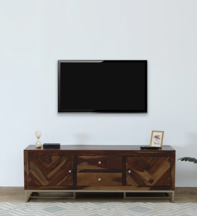Wide Sheesham wood TV stand with hand-carved drawers by Sarve Furniture