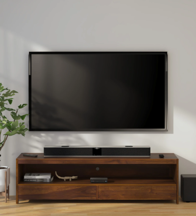 Modern Indian TV console in Sheesham wood with streamlined structure by Sarve Furniture