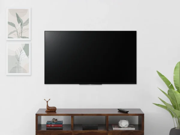 Sleek Sheesham wood TV unit with horizontal storage and cable cutout by Sarve Furniture