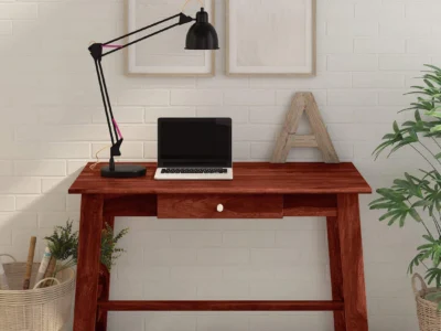 Functional study table with integrated bookshelf and cable access hole for organized and efficient workspace