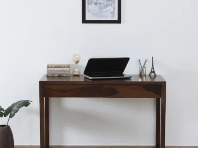 Reading and writing desk with smooth wooden finish and cable organizer slot