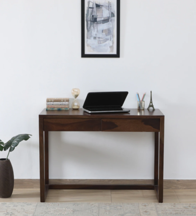 Reading and writing desk with smooth wooden finish and cable organizer slot