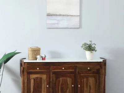 Classic Sheesham Wood Sideboard with Carved Front Panels and Storage Drawers